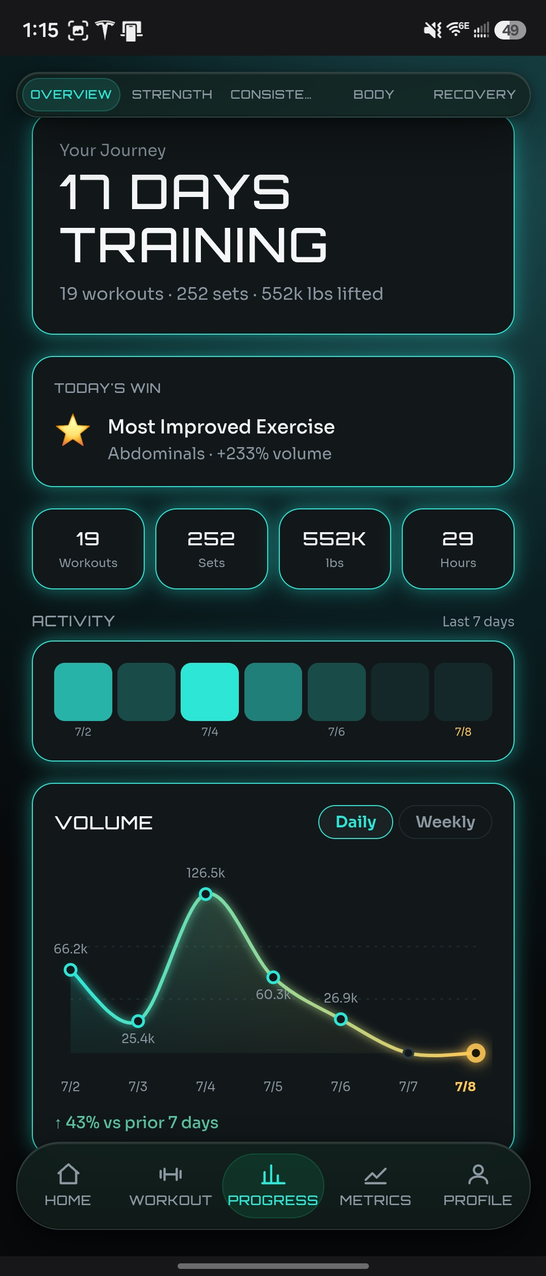 NaMiVisa progress screen showing 115 days of training history, workout activity calendar, and weekly volume chart