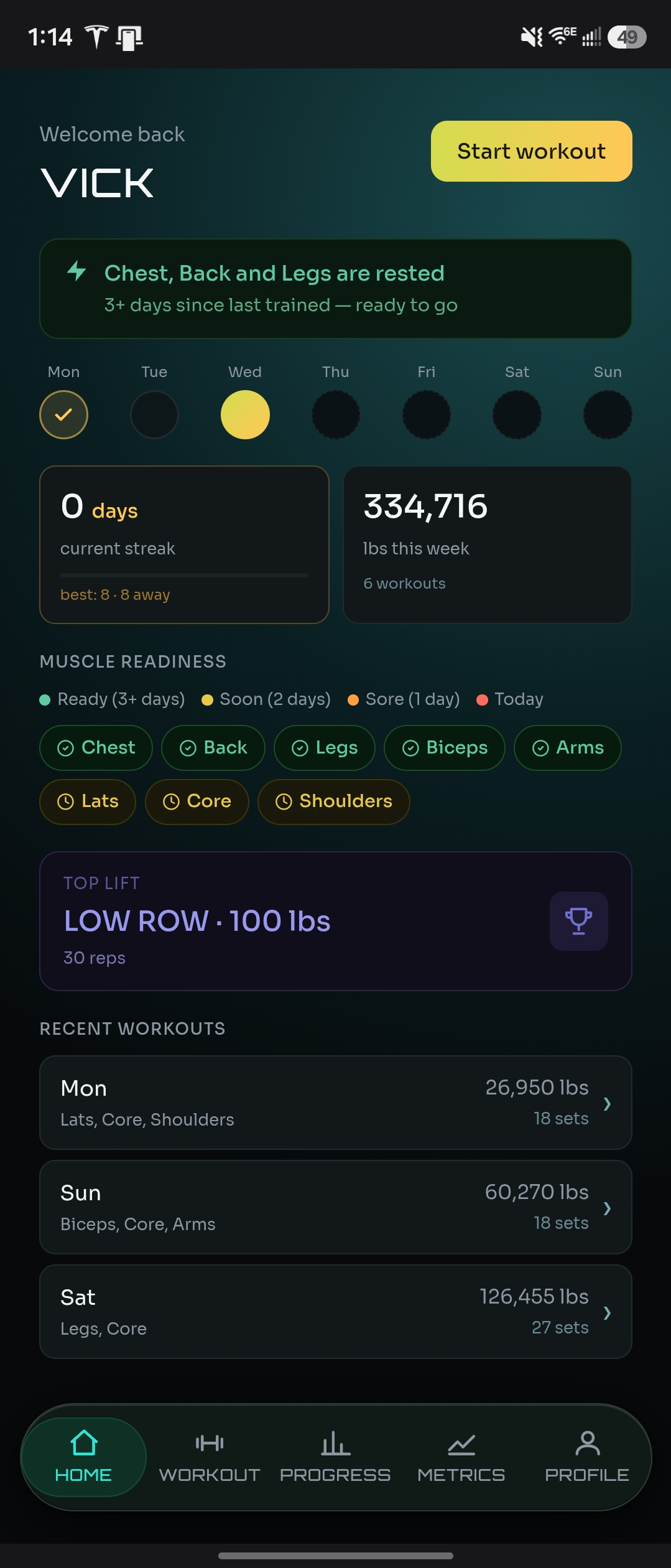 NaMiVisa dashboard showing muscle readiness, recent workouts, weekly volume, and top lift PR